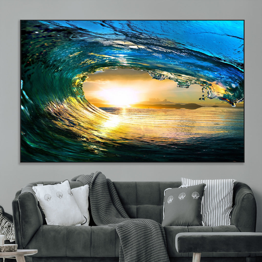 Ocean Wave at Sunset Canvas Art, Large Wall Print of Vibrant Surfing Wave