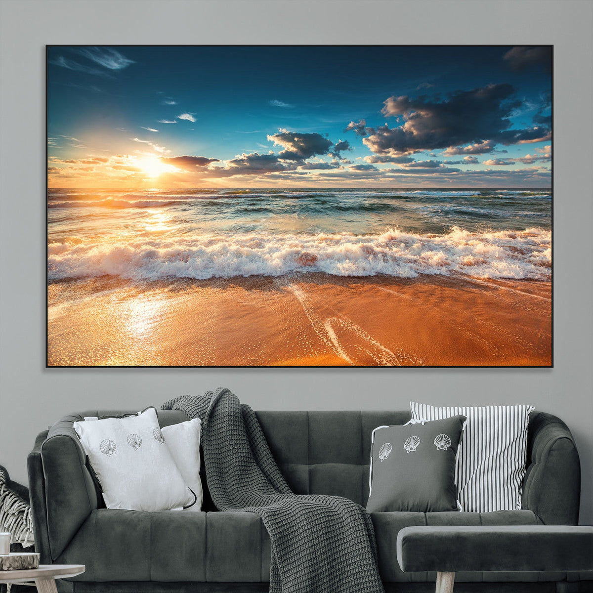 Golden Sunset Beach Triptych Canvas Art, Giclee Coastal Wall Decor, Ocean Waves Print
