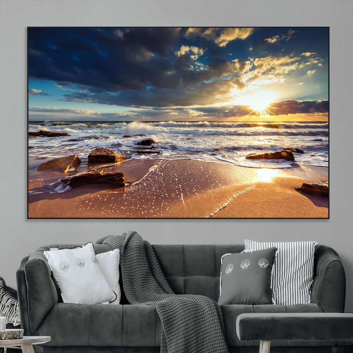 Golden Hour Beach Sunset Canvas Triptych, Ocean Waves and Rocks Wall Art