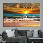 Golden Sunset Beach Canvas Wall Art | Triptych Seascape Print, Framed and Ready to Hang