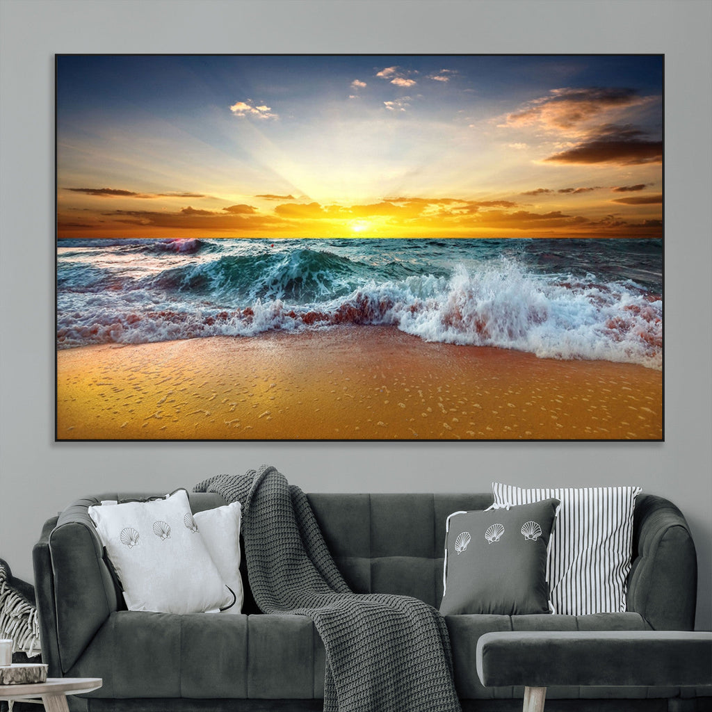Golden Sunset Ocean Waves Wall Art Canvas Print | Multi Panel Beach Canvas Set, Coastal Triptych