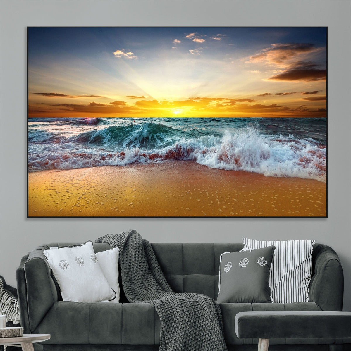 Golden Sunset Ocean Waves Wall Art Canvas Print | Multi Panel Beach Canvas Set, Coastal Triptych