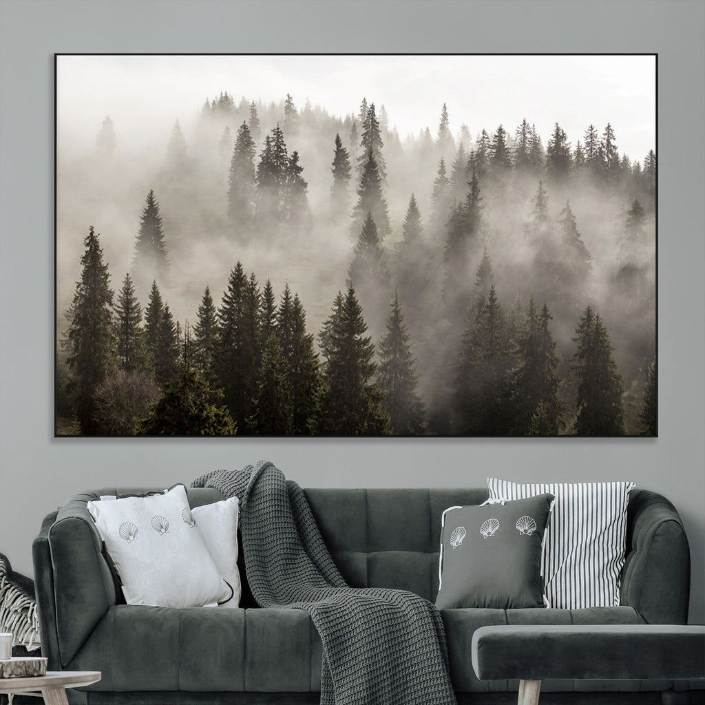 Foggy Mountain Wall Art | 3-Panel Foggy Forest and Mountain Landscape Canvas Print