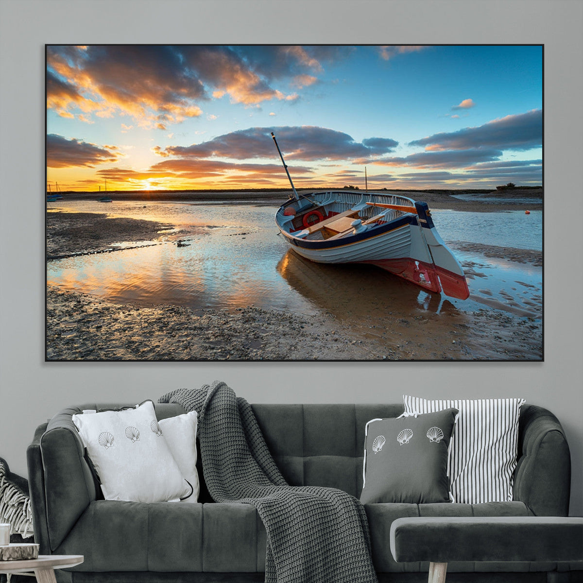 Small Boat At The Beach Sunset Wall Art, Boat Sunset Wall Art Canvas Print