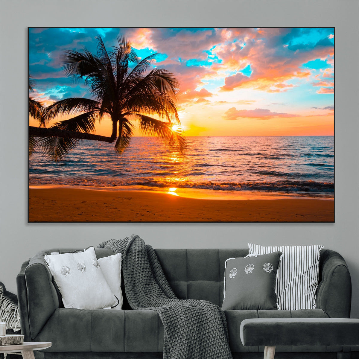 Palm Tree Sunset On The Beach Wall Art Canvas, Framed Palm Tree Sunset Canvas Print