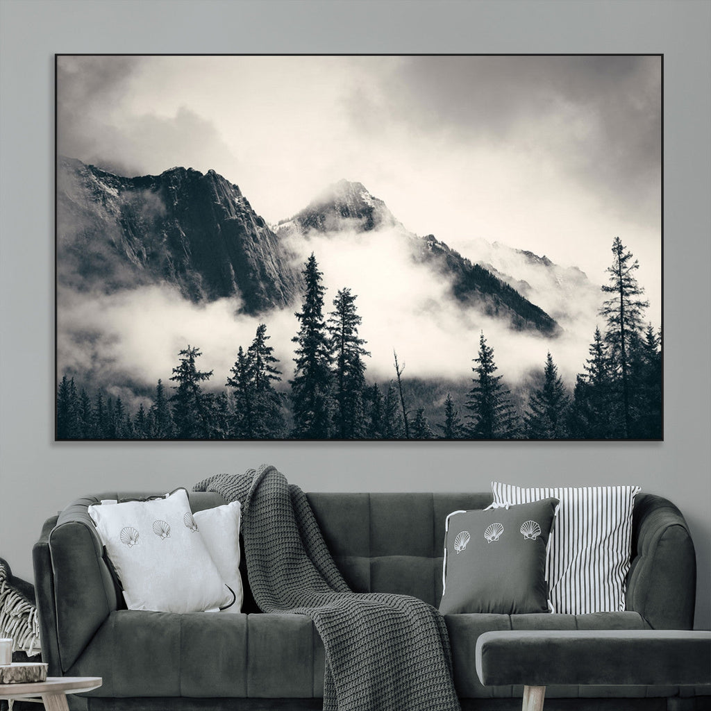 Forest Mountain Print | Black and White Canvas Wall Art with Misty Forest Design