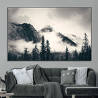 Forest Mountain Print | Black and White Canvas Wall Art with Misty Forest Design