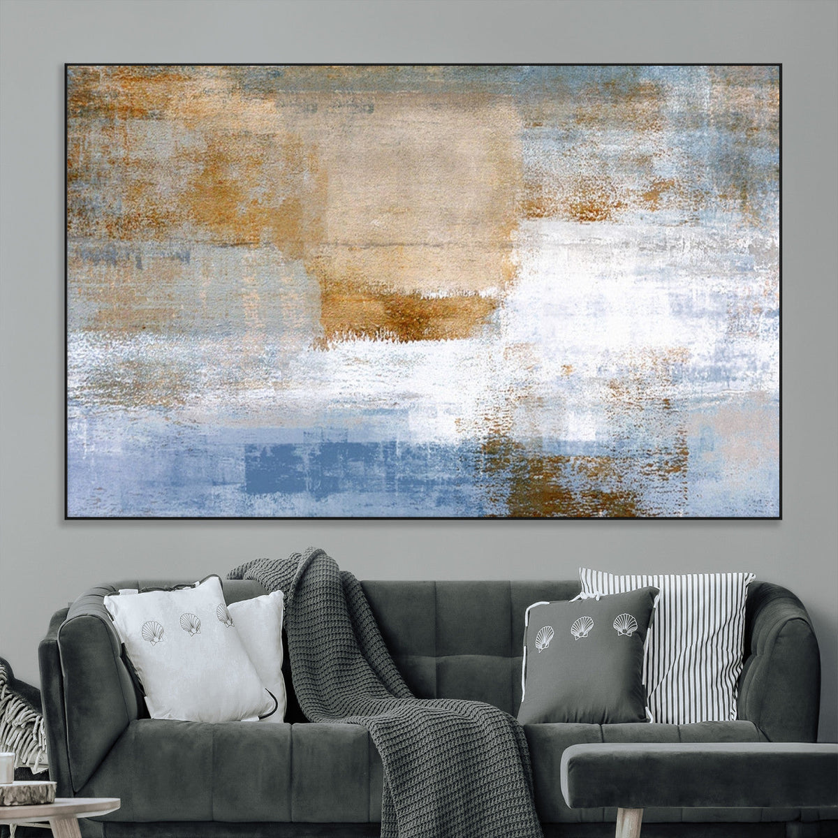 Blue Multi Panel Abstract Wall Art Canvas, Abstract Blue and Gold Canvas Print