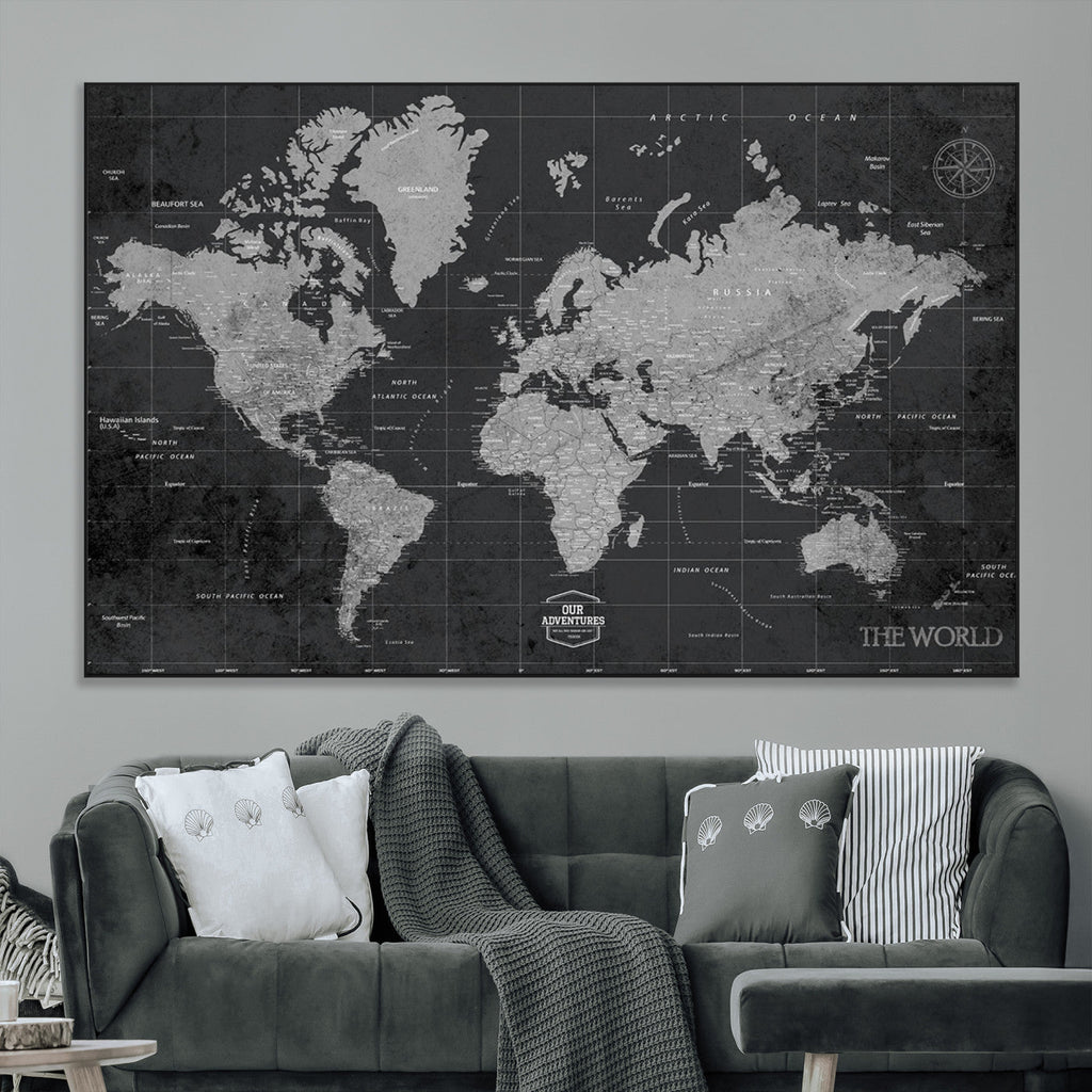 World Map Canvas Print, Detailed Map of the World Wall Art for Home or Office