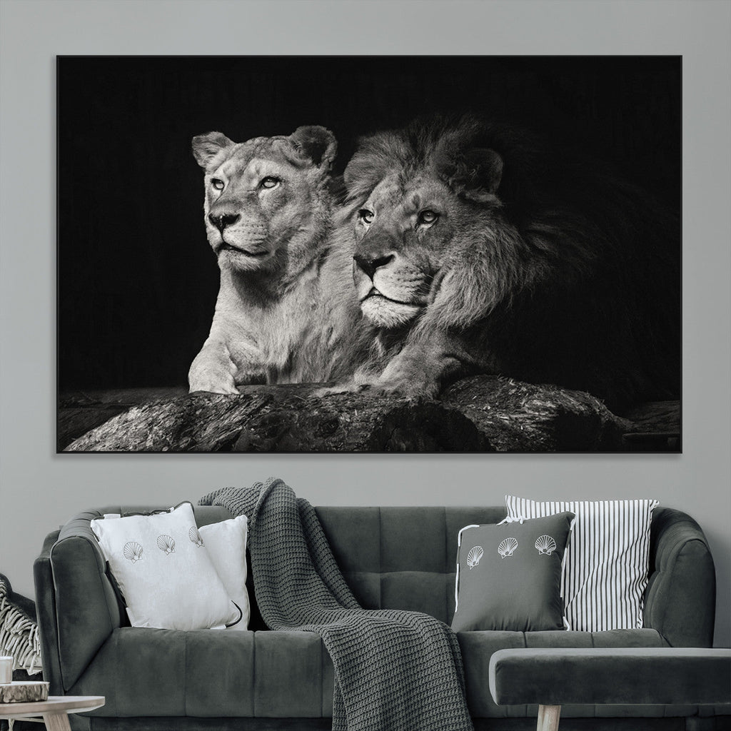 Lion Couple Wall Art Canvas Print, Elegant Black and White Wildlife Portrait