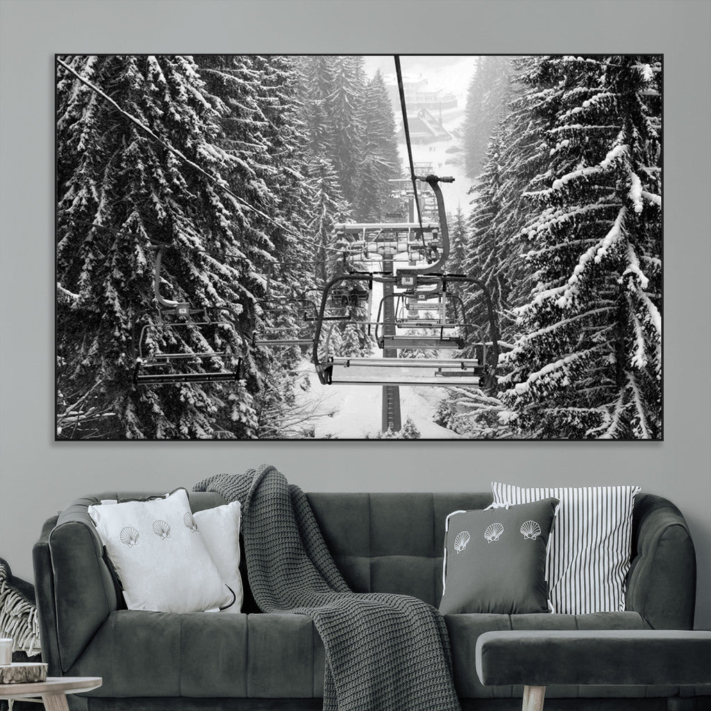 Winter Ski Lift Black and White Canvas Wall Art | Alpine Escape in Minimalist Style