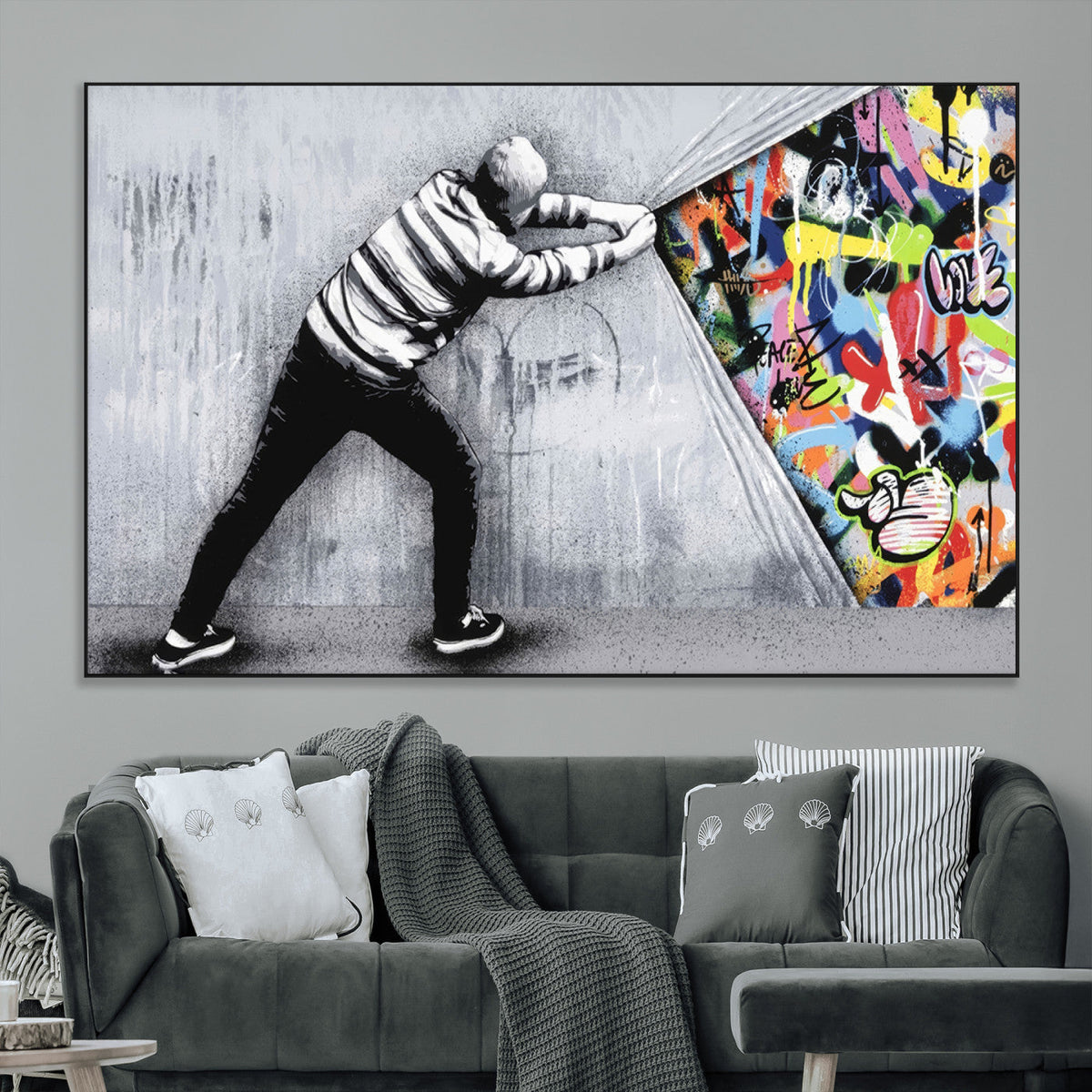 Banksy Art Behind the Curtain Street Wall Art Canvas Print | Urban Graffiti Style Wall Decor