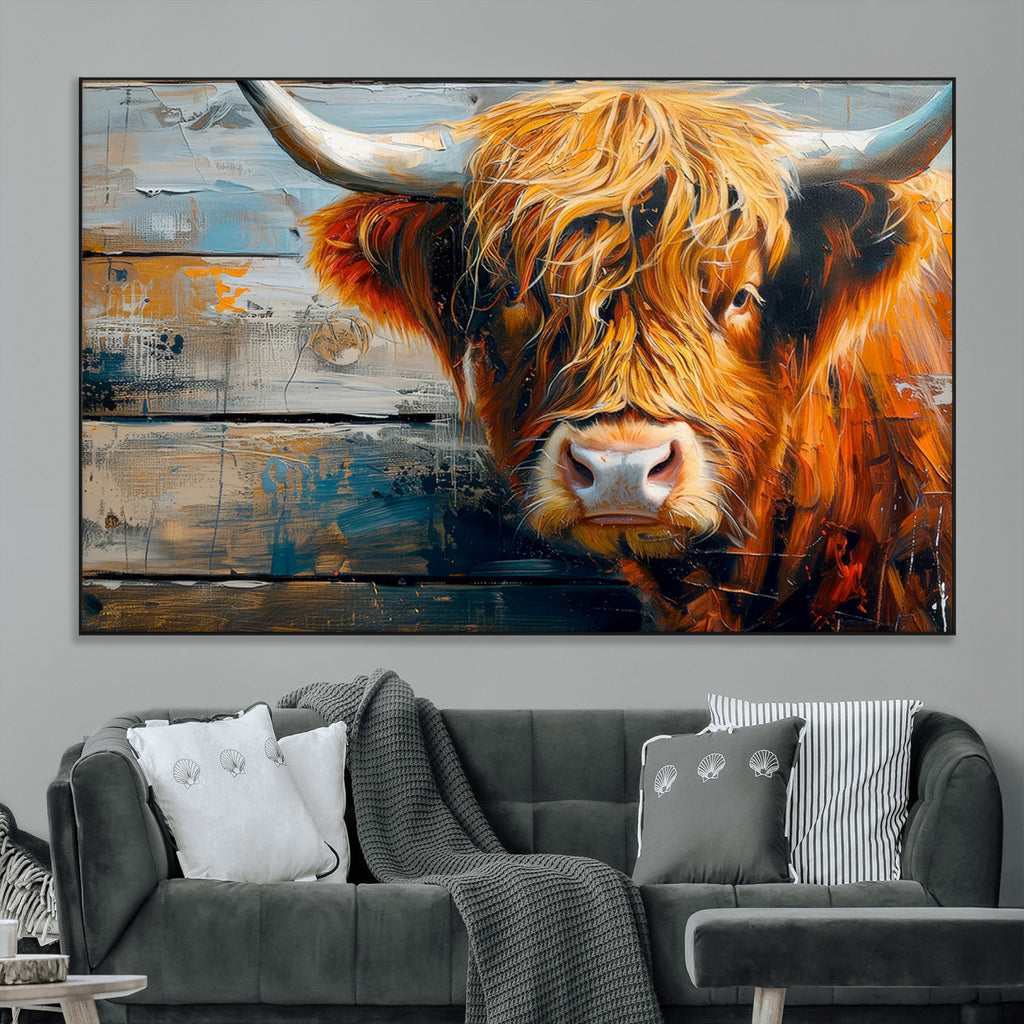 Highland Cow Abstract Canvas Wall Art, Bold Farmhouse Decor