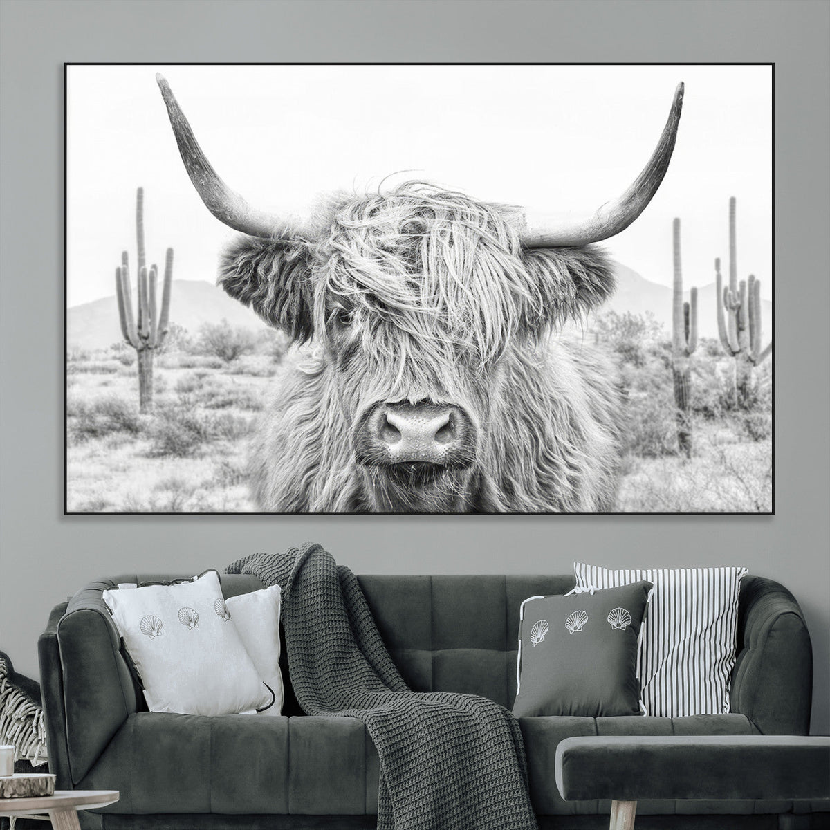 Rustic Charm, Cow Longhorn Black White Bighorn Wall Art