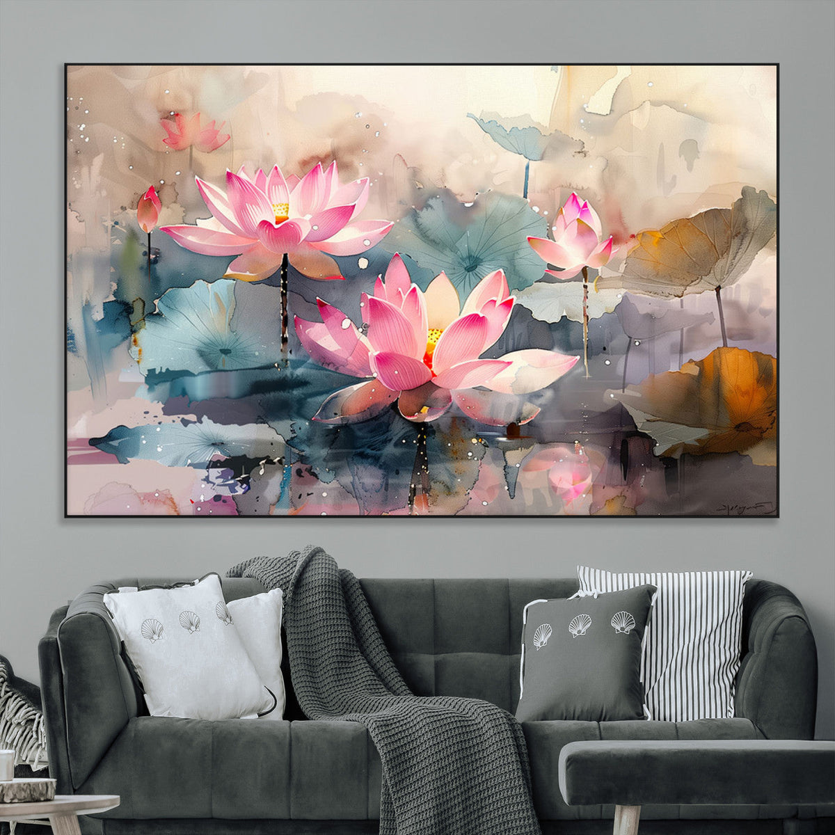 Lotus Flower Wall Art | 3 Panel Giclee Canvas Print of Pink Lotus Blossoms