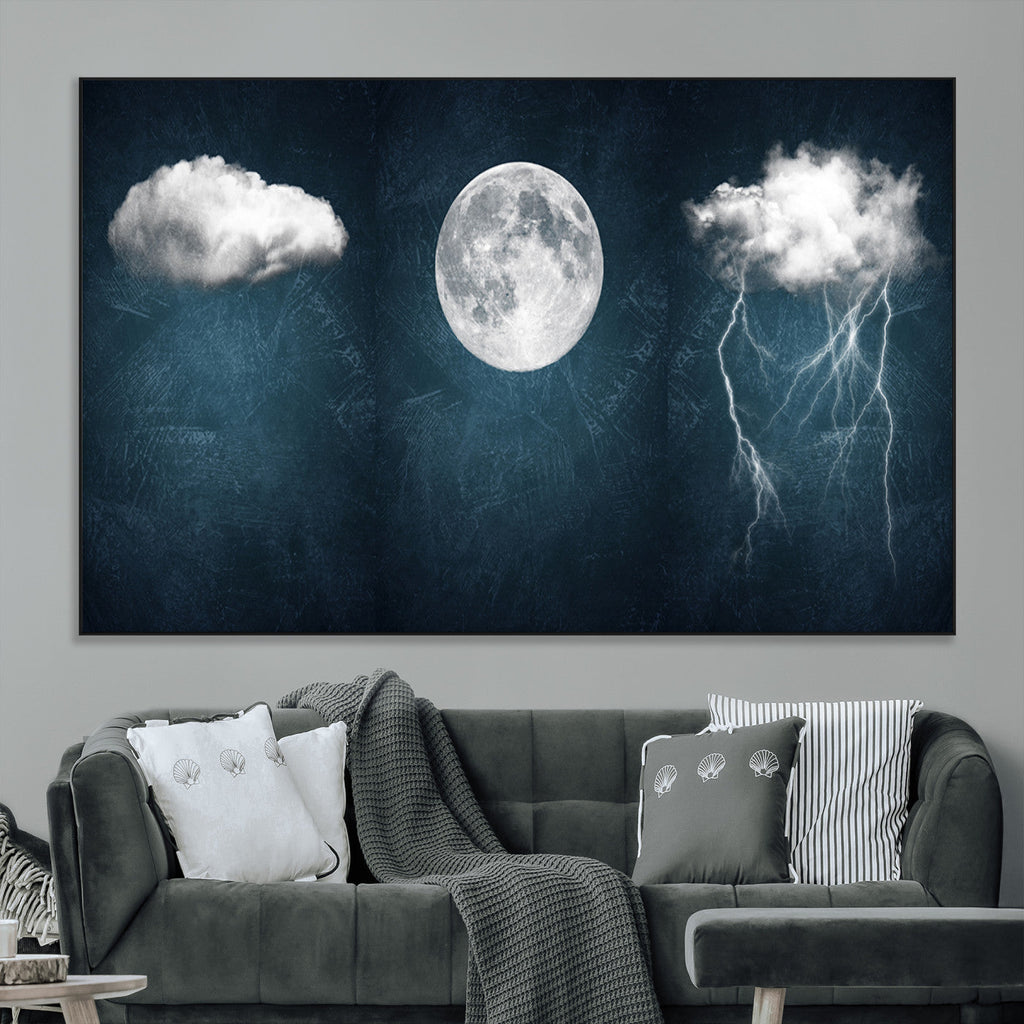 3 Piece Indigo Cloud Wall Art, Thunderstorm Moon Cloud Artwork