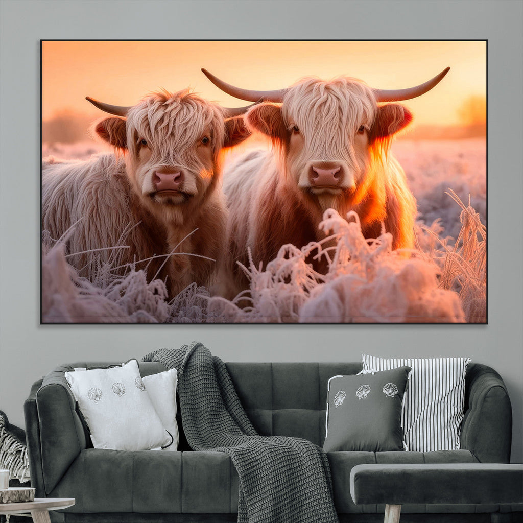 Highland Cows at Sunrise Wall Art Canvas Set