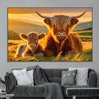 Scottish Cow and Baby Cow Canvas Wall Art Animal Print