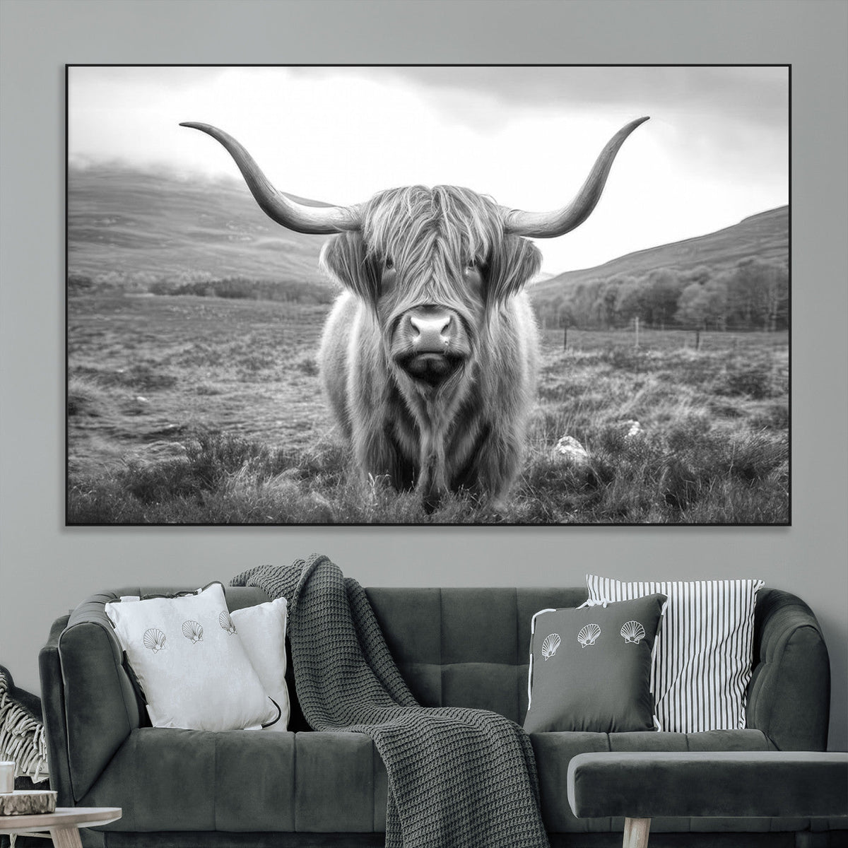 Black White Scottish Highland Cow Canvas Farm Wall Art