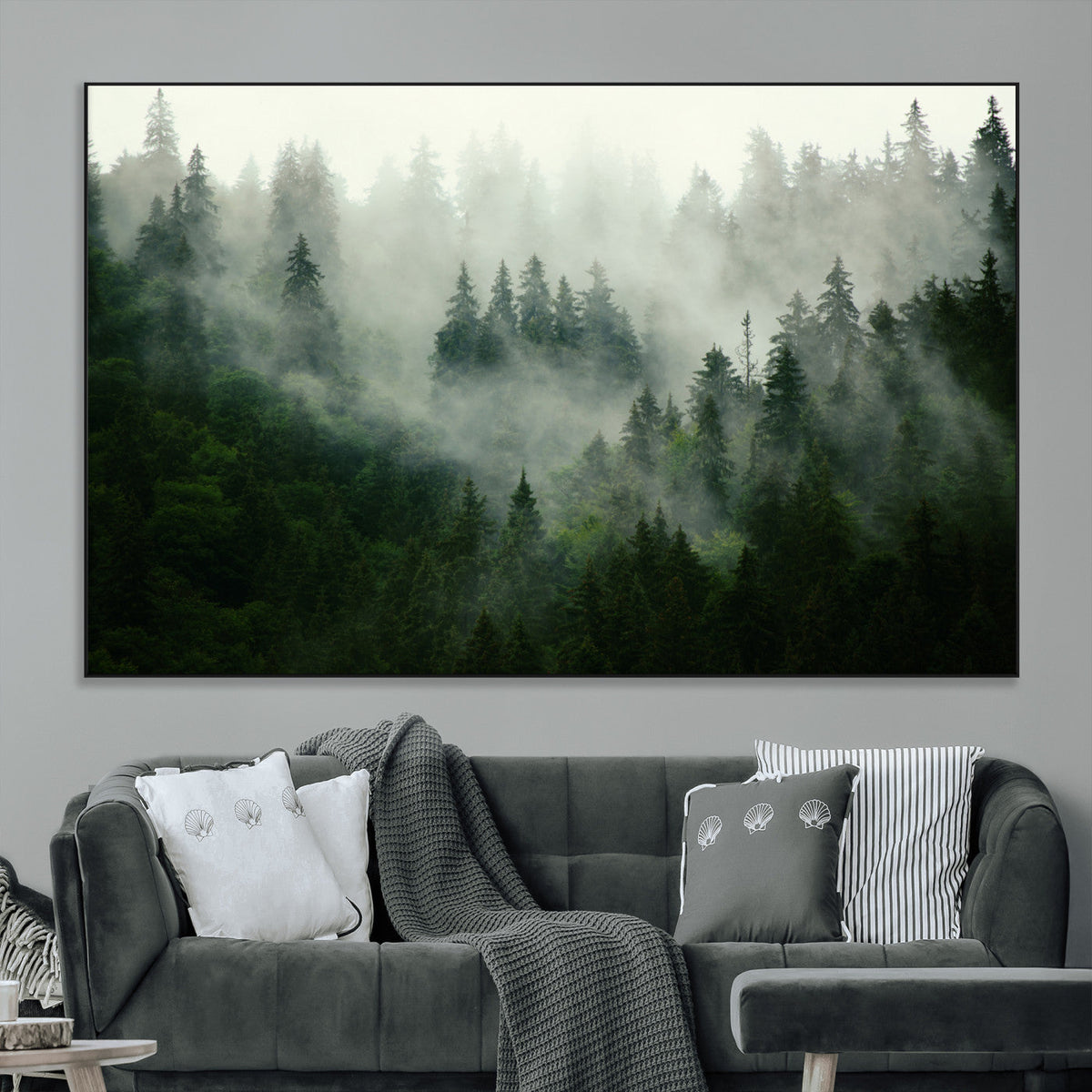 Misty Forest Wall Art | Tranquil Green Woodland Canvas Print