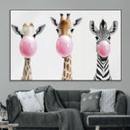 Bubblegum Animals Canvas Wall Art, Playful Giraffe and Zebra Trio, Whimsical Nursery and Kids Room Decor