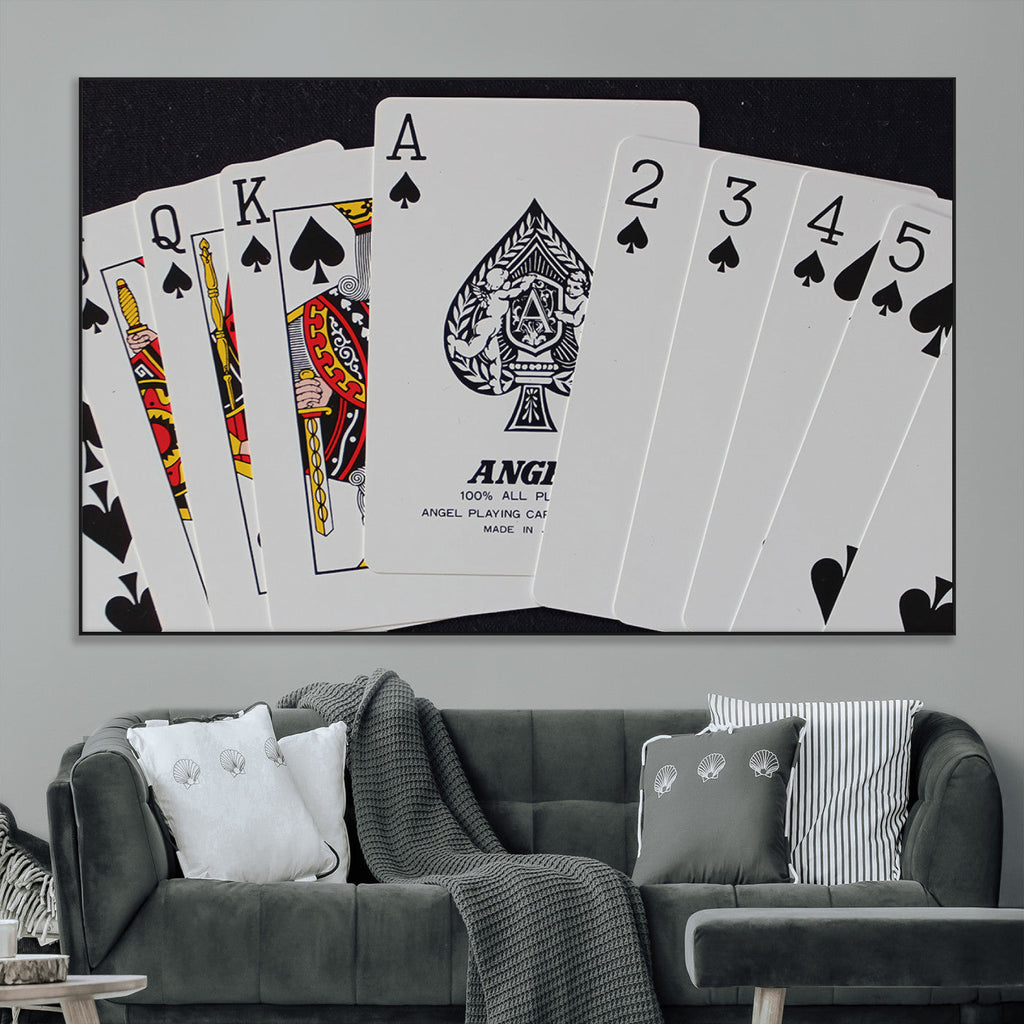 Poker Wall Art - Playing Cards Canvas Wall Art Print - Ace of Spades and Royal Flush Design