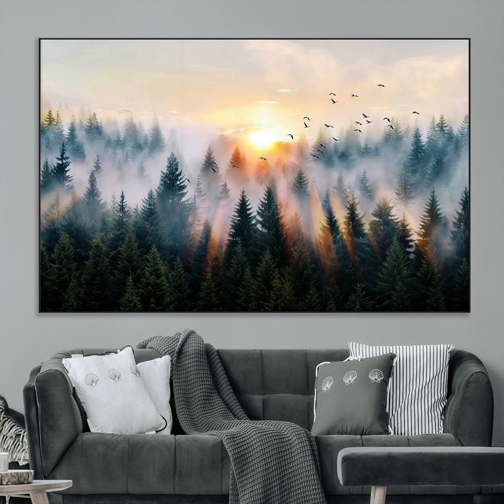 Abstract Forest Wall Art, Serene Nature Canvas Print with Misty Forest Design for Modern Home Decor
