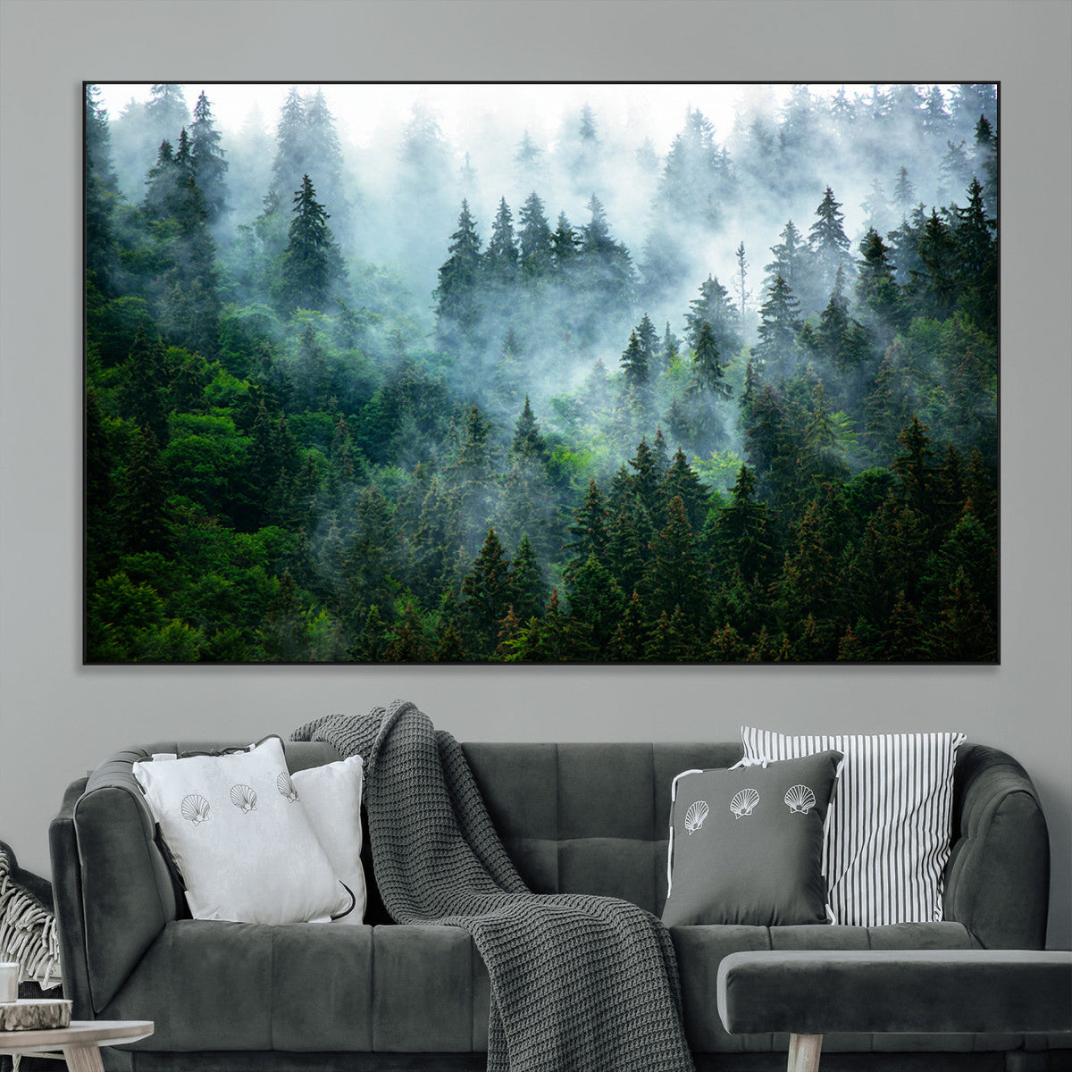Misty Forest Wall Art Canvas Print, Framed Foggy Mountain Art, Large Scenic Woodland Canvas