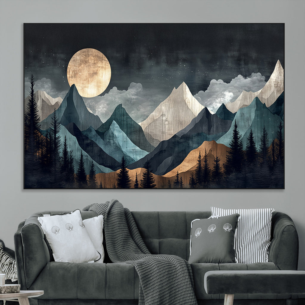 Moonlit Mountain Wall Art Canvas Print, Framed Silhouetted Pines Art, Layered Peaks Rustic Decor