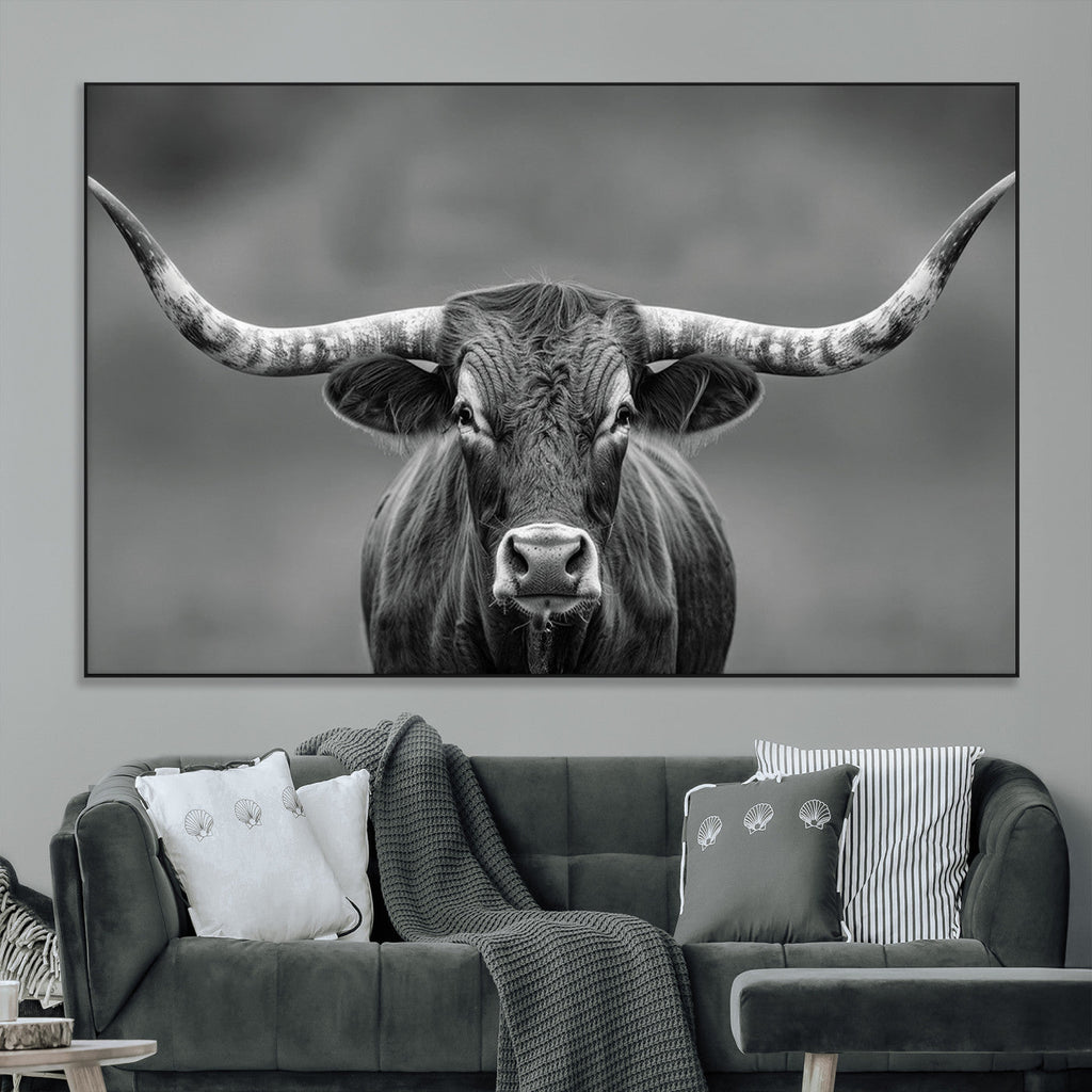 Texas Longhorn Wall Art Canvas Print, Framed Western Bull Photography, Rustic Log Cabin Decor