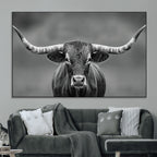 Texas Longhorn Wall Art Canvas Print, Framed Western Bull Photography, Rustic Log Cabin Decor