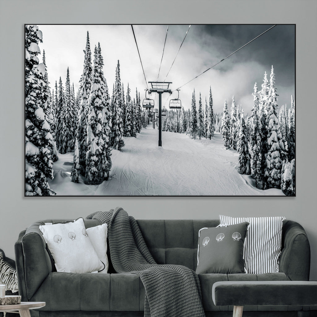Snowy Pines Wall Art Canvas Print | Ski Lift in a Winter Forest