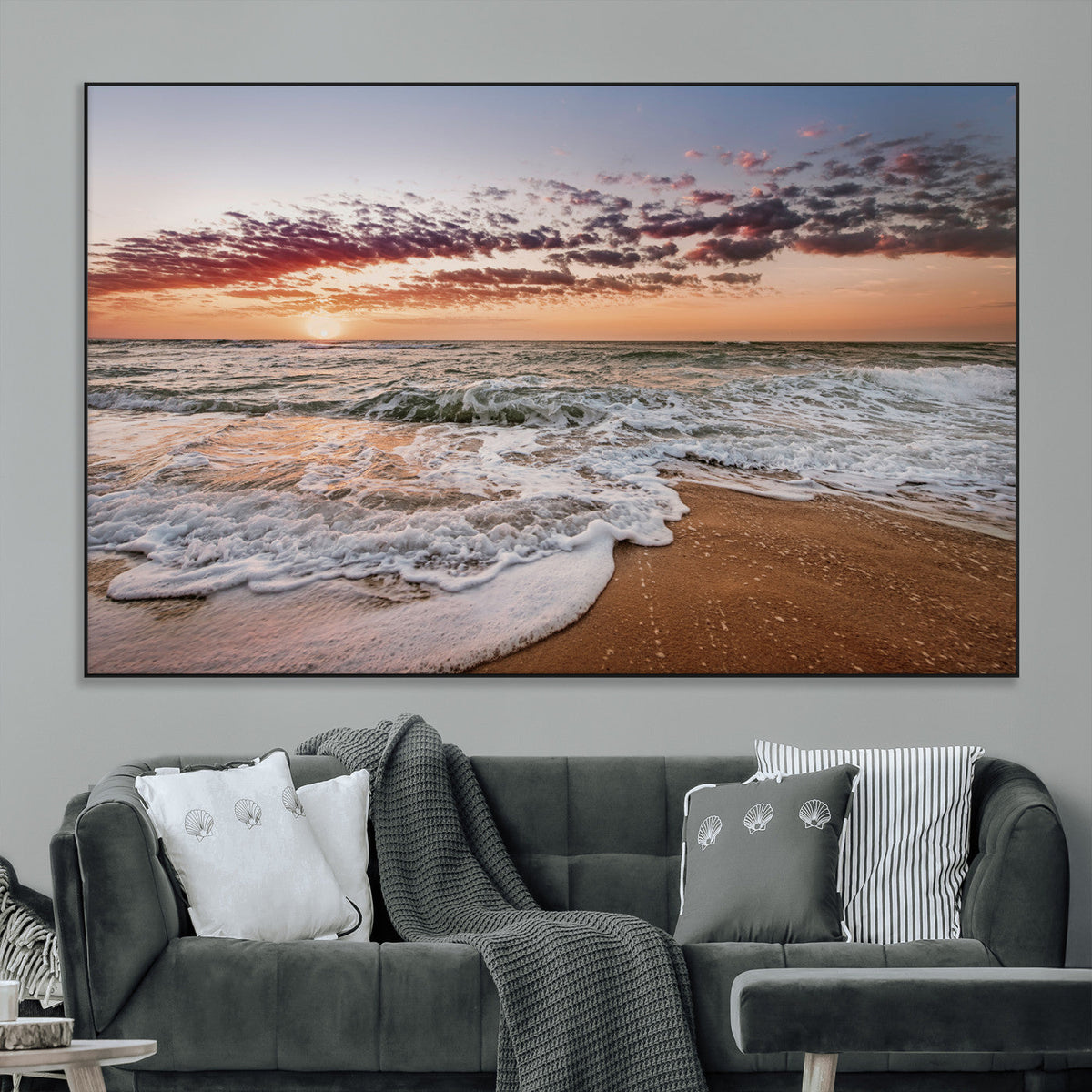 Ocean Sunset Wall Art Canvas Print | Sandy Shore and Gentle Waves