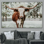 Texas Longhorn Wall Art Canvas Print | Framed Spotted Brown and White Bull