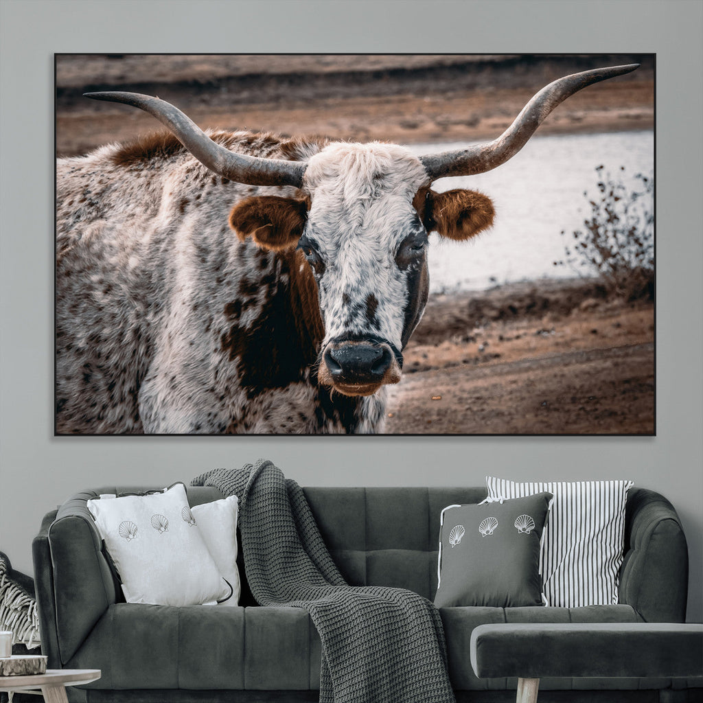 Texas Longhorn Wall Art Canvas Print | Framed Brown and White Spotted Longhorn