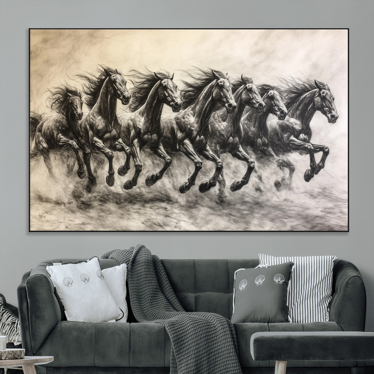 Running Horses Wall Art Canvas Print, Framed Monochrome Galloping Herd Sketch