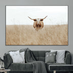 Texas Longhorn Wall Art Canvas Print, Framed Lone Cattle and Longhorn Bull Scene
