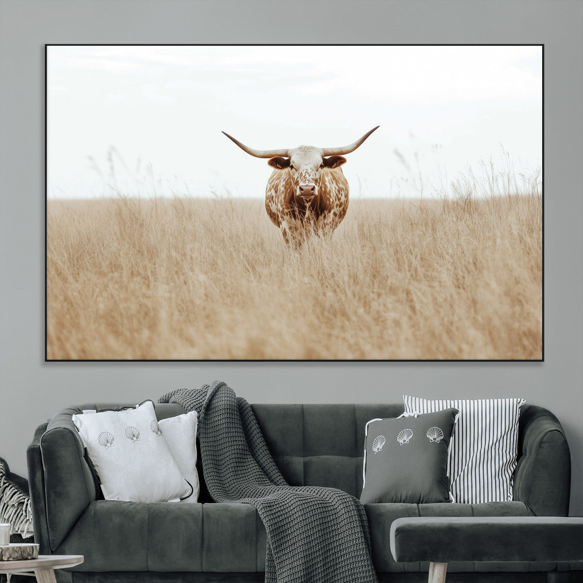 Texas Longhorn Wall Art Canvas Print, Framed Lone Cattle and Longhorn Bull Scene
