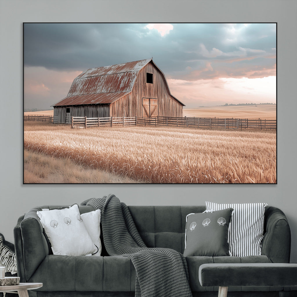 Rustic Barn Wall Art Canvas Print, Framed Wheat Field Scene