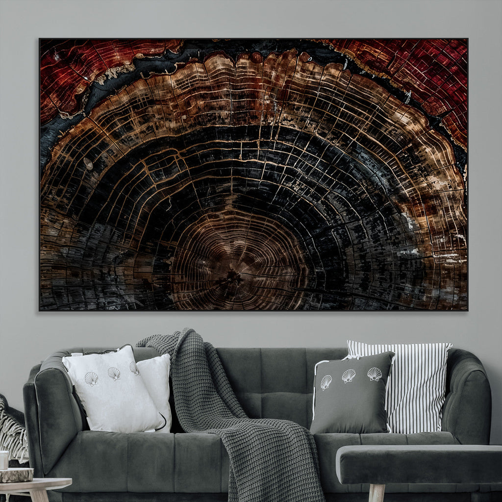 Dark Wood Ring Wall Art Canvas Print, Framed Abstract Tree Slice Print, Rustic Wood Grain Decor