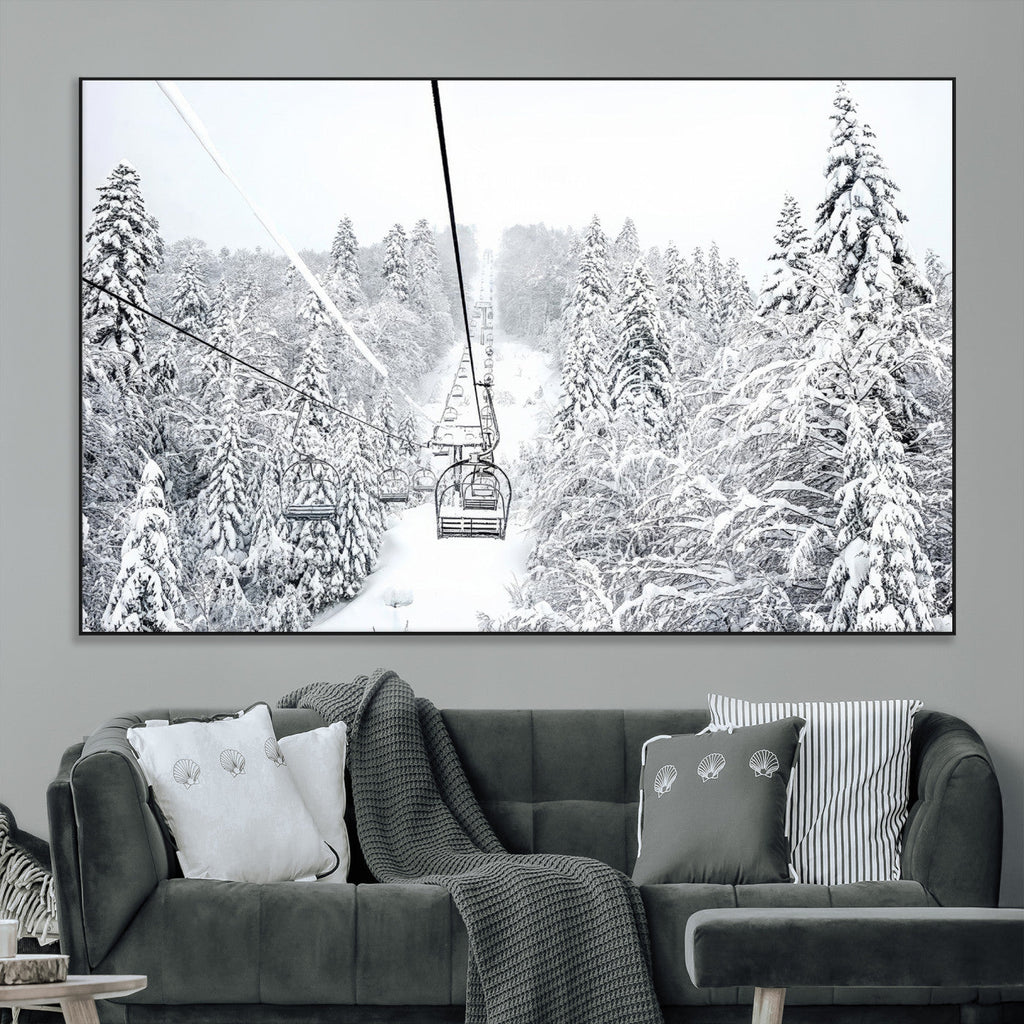 Snowy Ski Lift Wall Art | Framed Winter Mountain Canvas