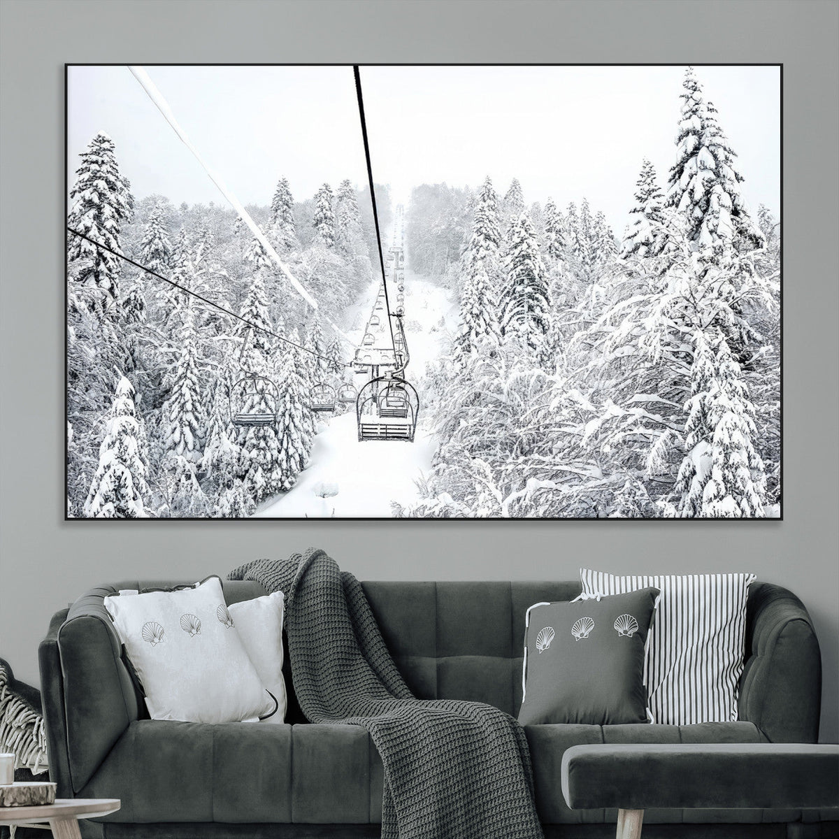 Snowy Ski Lift Wall Art | Framed Winter Mountain Canvas