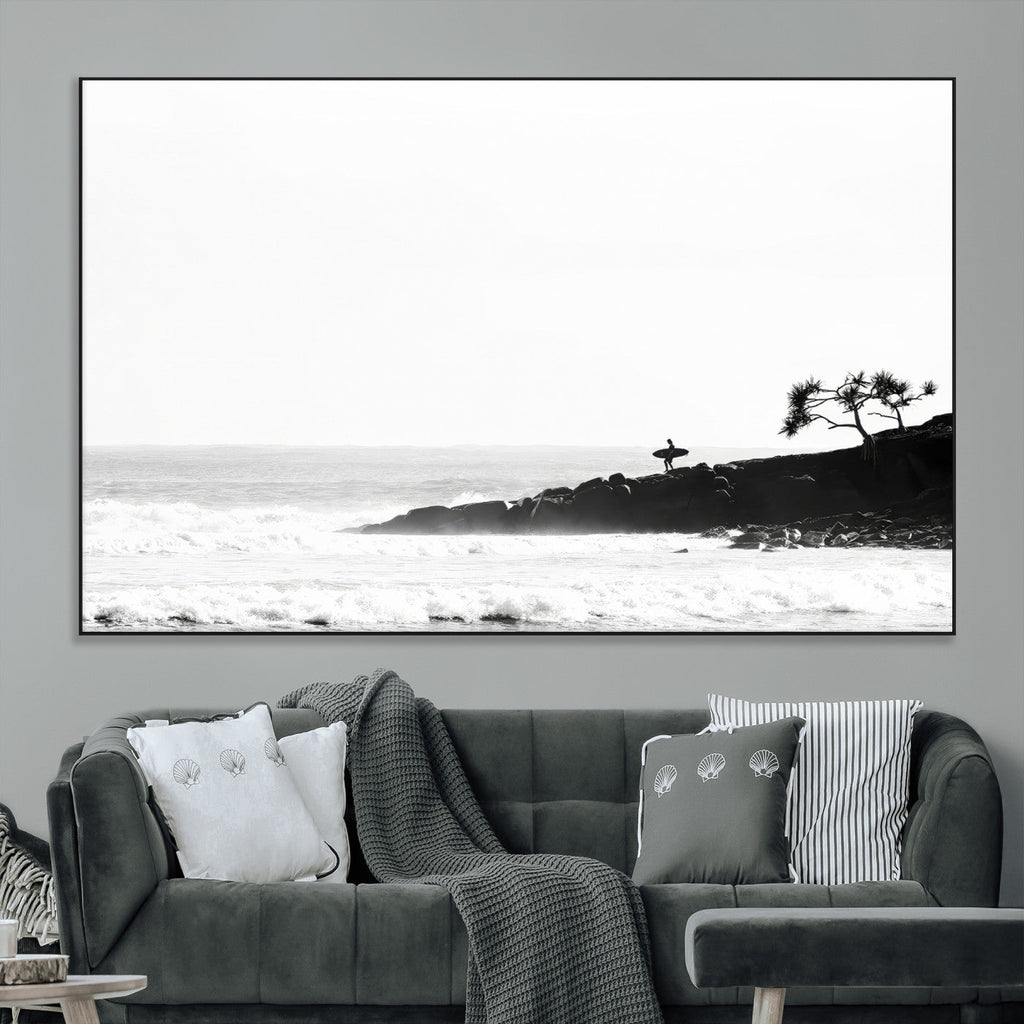 Surfer Cliffs Wall Art Canvas Print, Framed Black White Beach and Ocean Waves
