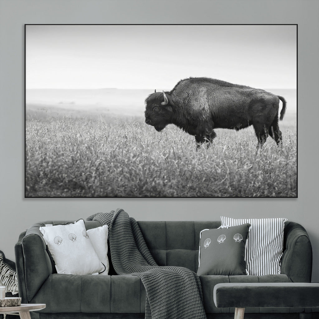 Bison Wall Art Canvas Print, Framed Rustic Wildlife Scene with Wild Buffalo