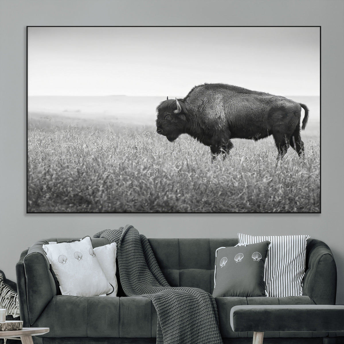 Bison Wall Art Canvas Print, Framed Rustic Wildlife Scene with Wild Buffalo