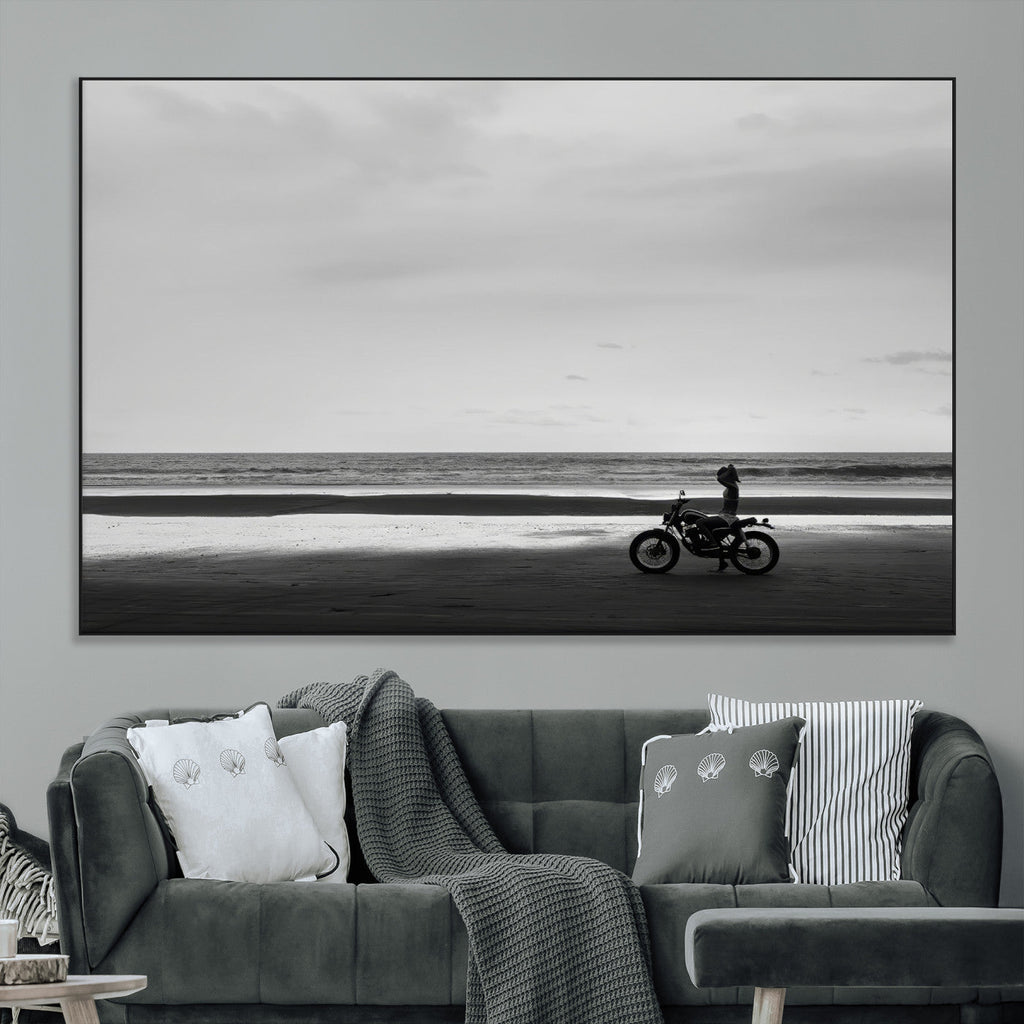 Motorcycle Beach Wall Art Canvas Print, Framed Vintage Motorcycle and Biker Silhouette