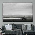 Motorcycle Beach Wall Art Canvas Print, Framed Vintage Motorcycle and Biker Silhouette