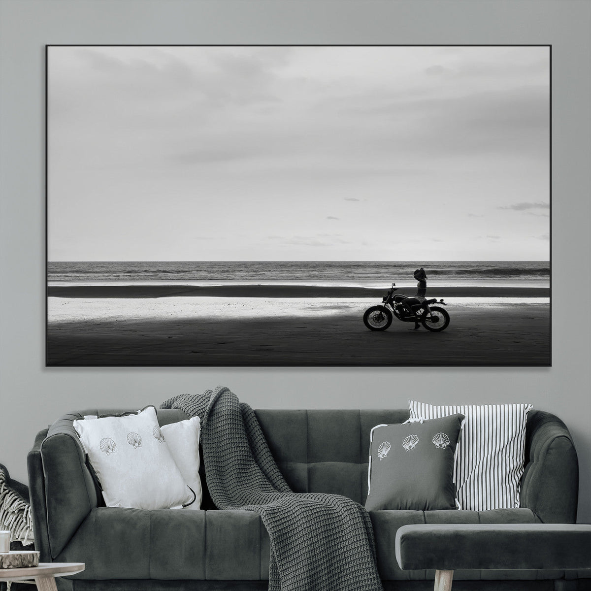 Motorcycle Beach Wall Art Canvas Print, Framed Vintage Motorcycle and Biker Silhouette