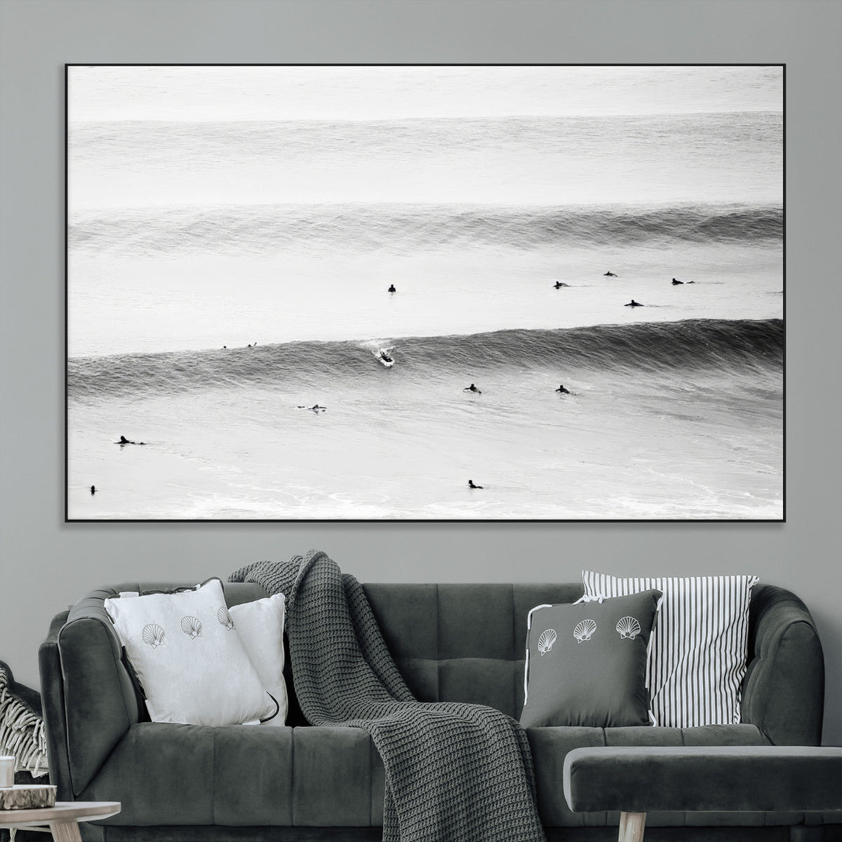 Black White Ocean Wall Art Canvas Print, Framed Coastal Sport and Ocean Swimmers Scene