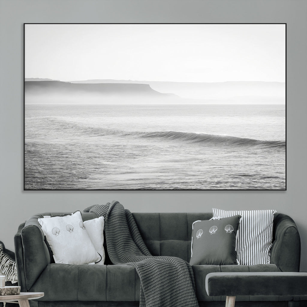 Black and White Seascape Wall Art Canvas Print, Framed Misty Ocean Waves